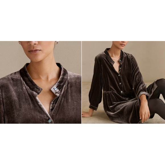Poetry Velvet Dress‎ UK 16 US 12 Gray Viscose Silk Long Sleeve Button Front